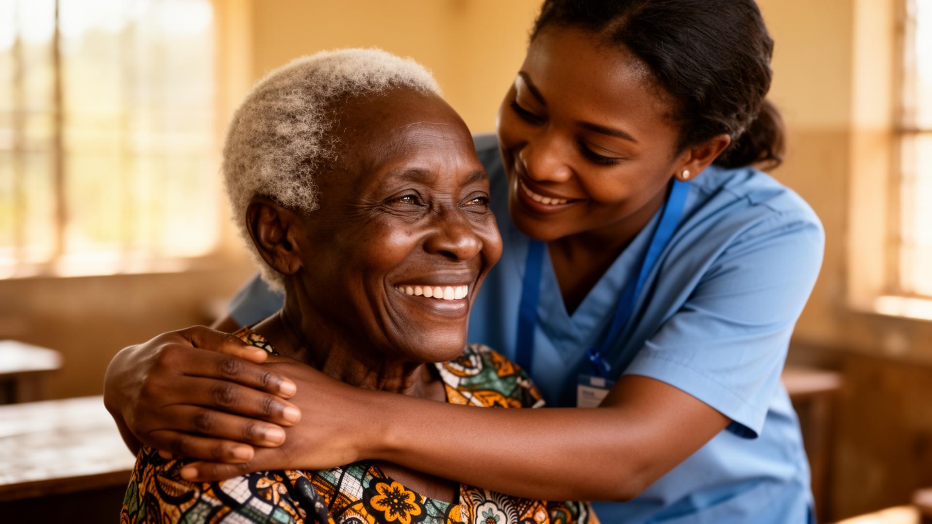 Elderly Nigerian woman embraced by a caring volunteer